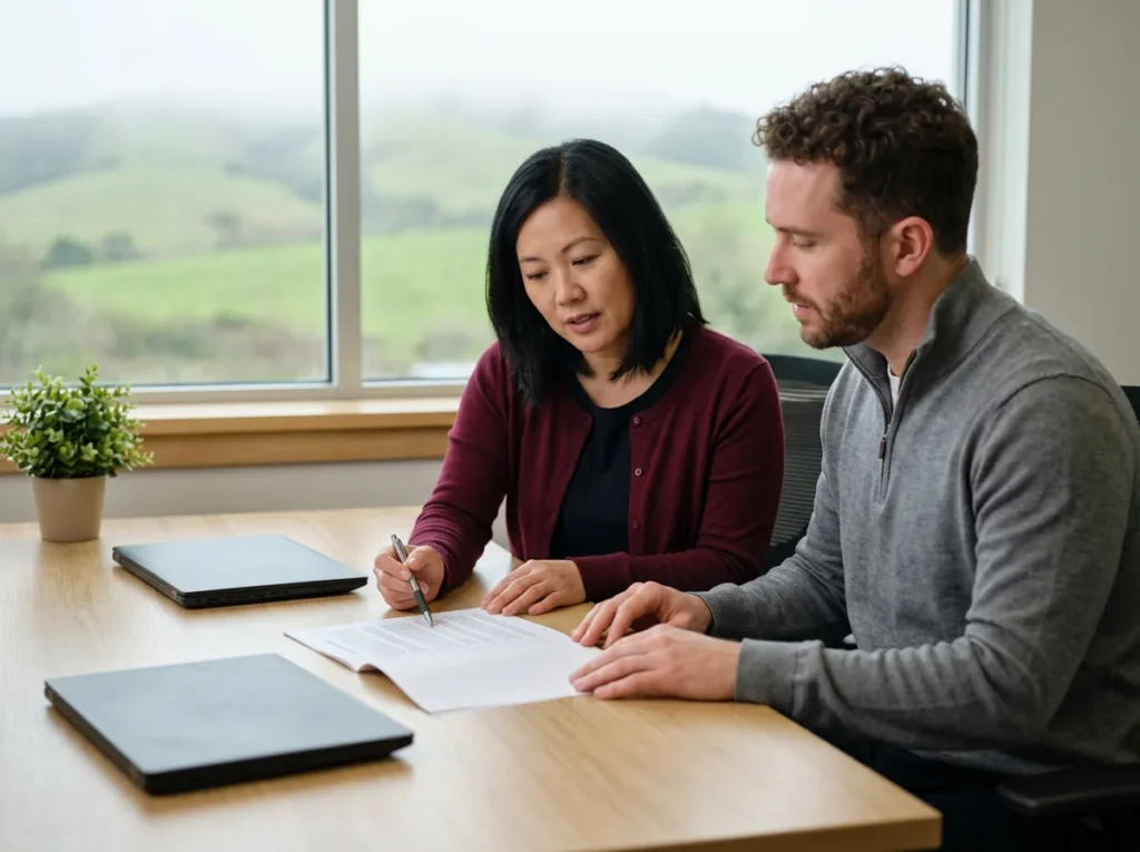 BDC manager and IT security specialist reviewing a printed AI use policy at a dealership desk, with closed laptops on the desk and foggy green hills outside the window
