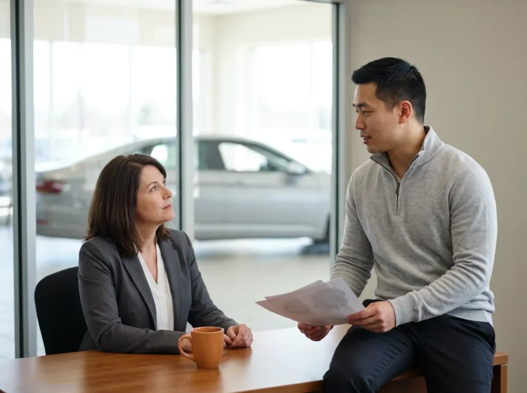 Dealership general manager at her desk talking with the IT and operations manager, who holds printed pages, in a glass-walled office beside the showroom