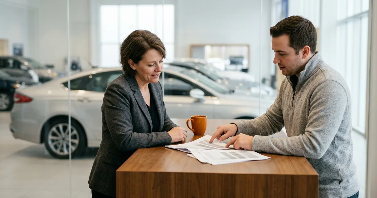 Dealership general manager and IT and operations manager reviewing printed pages together at a table beside the showroom