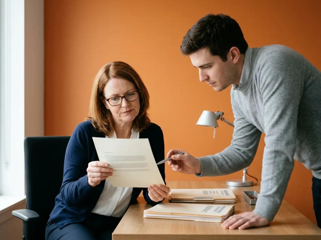 Dealership controller reading a printed vendor letter at her desk while an accounts payable clerk points at one line with a pen