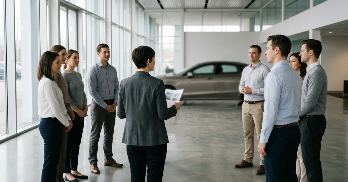 Dealership employees standing in a half circle in the showroom before opening while a trainer holding printed pages speaks