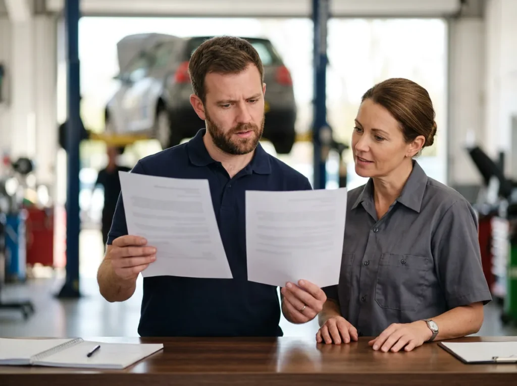 Service advisor comparing a printed invoice with a repair order at the service counter while a colleague looks on