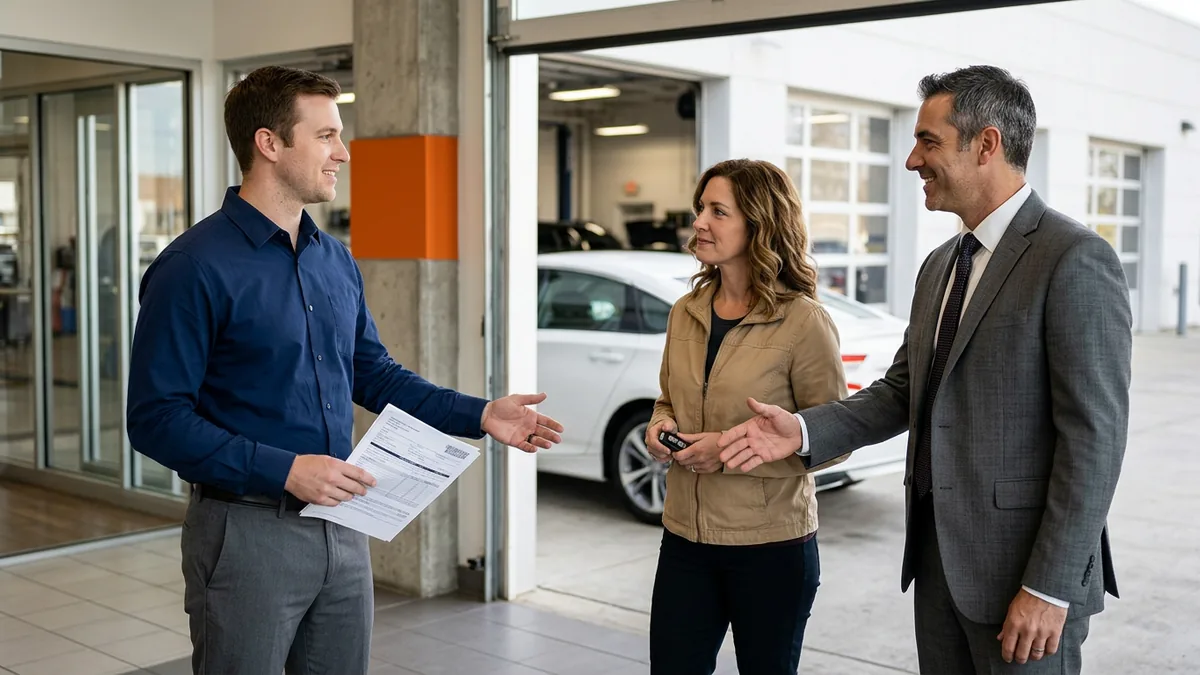 Service advisor introducing a service customer to a salesperson between the service drive and the showroom