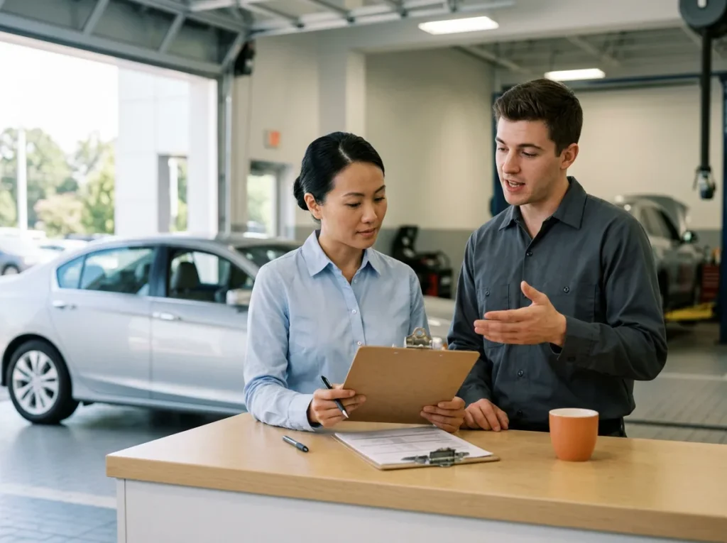 Service advisor reading a printed repair order on a clipboard at the write-up counter while a technician explains a repair