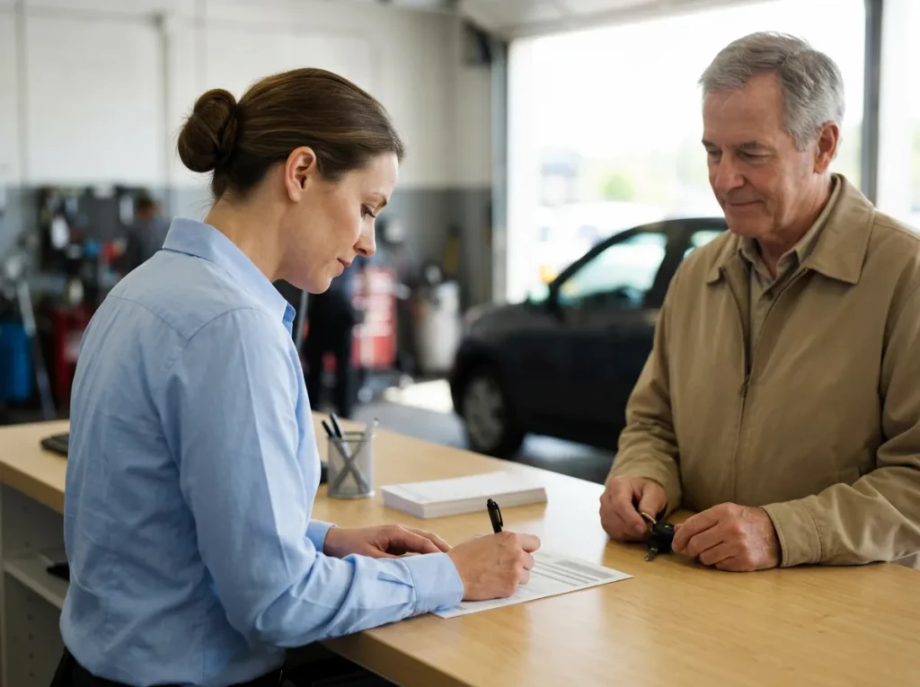 Service advisor writing a repair order by hand at the service drive counter while a customer waits holding his keys