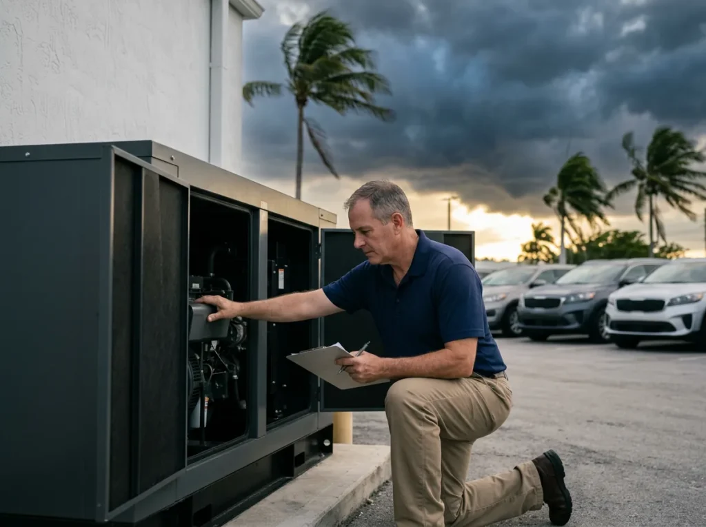 Facilities manager checking a standby generator beside a South Florida car dealership as storm clouds build and palm trees bend in the wind