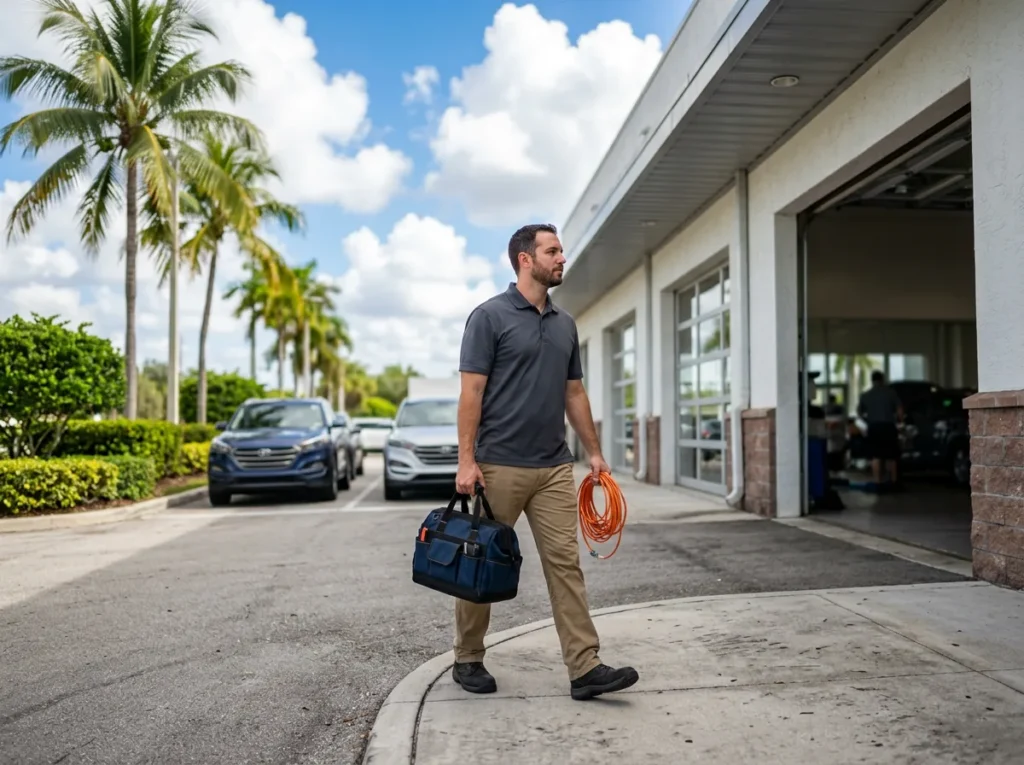 IT field technician carrying a tool bag and a coil of orange network cable toward the service drive of a car dealership in South Florida, with palm trees behind the lot