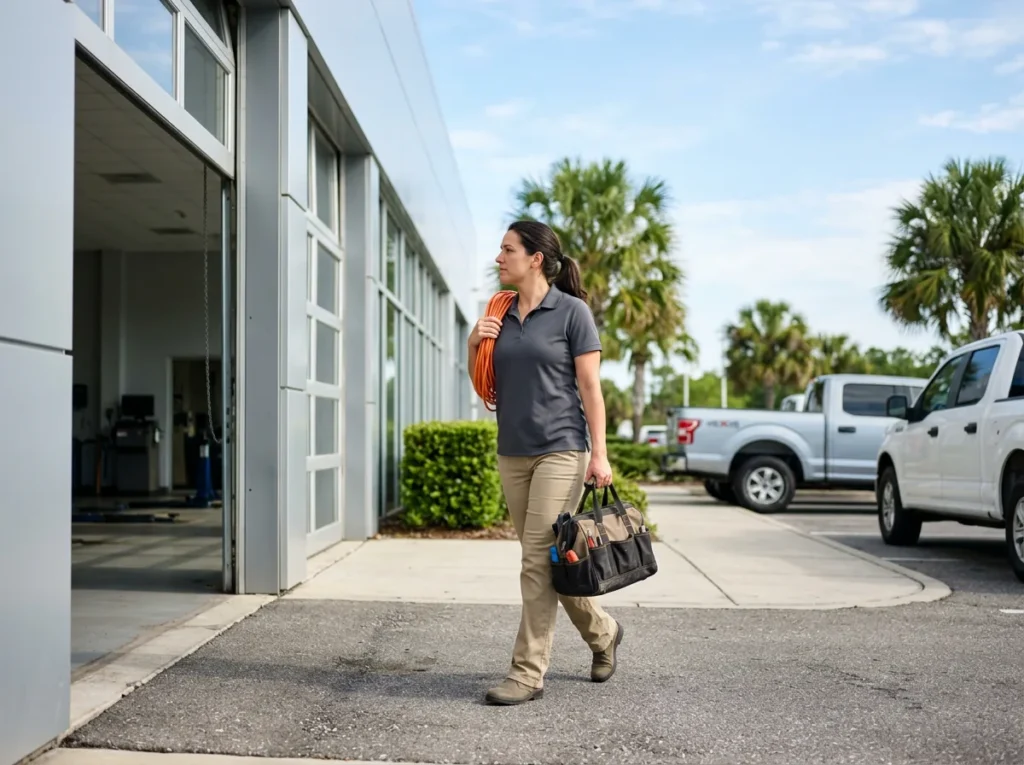 IT field technician carrying a tool bag and a coil of orange network cable toward the service drive of a car dealership in the Tampa Bay area, with palm trees behind the lot