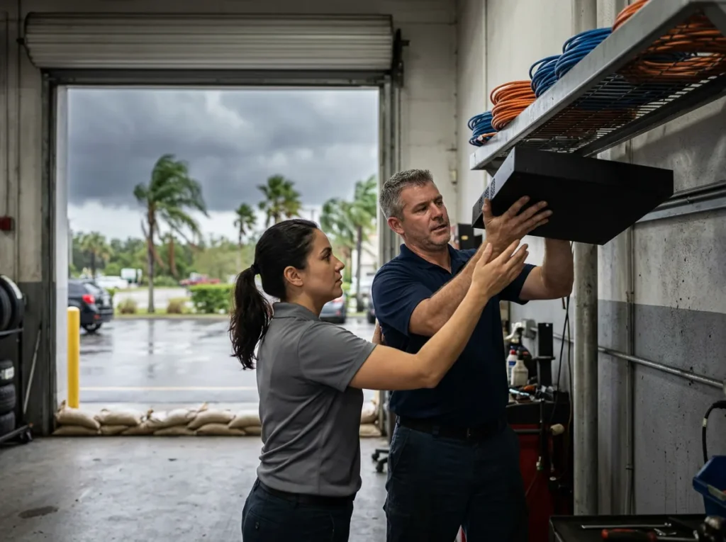 Two dealership staff lifting a network switch onto a high wall shelf in a service bay, with sandbags at the open door and storm clouds over the palms outside