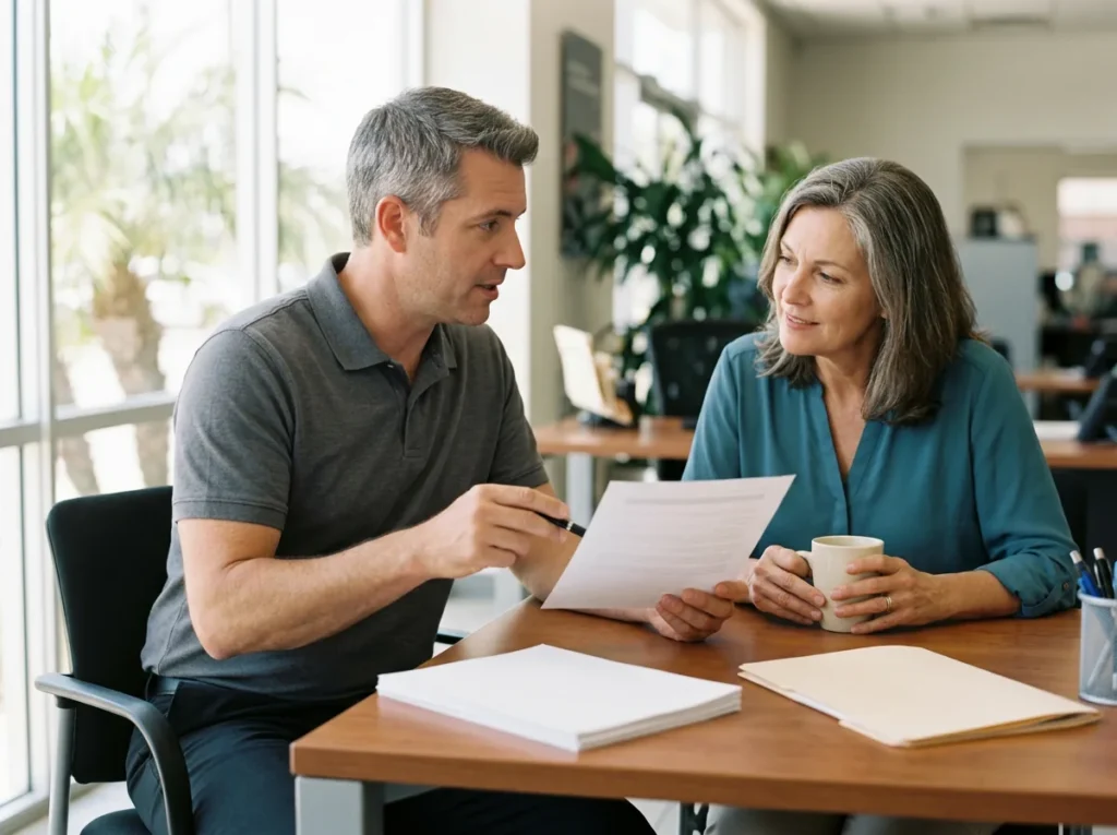 IT security specialist going over a printed document with a dealership office manager at a desk in the business office