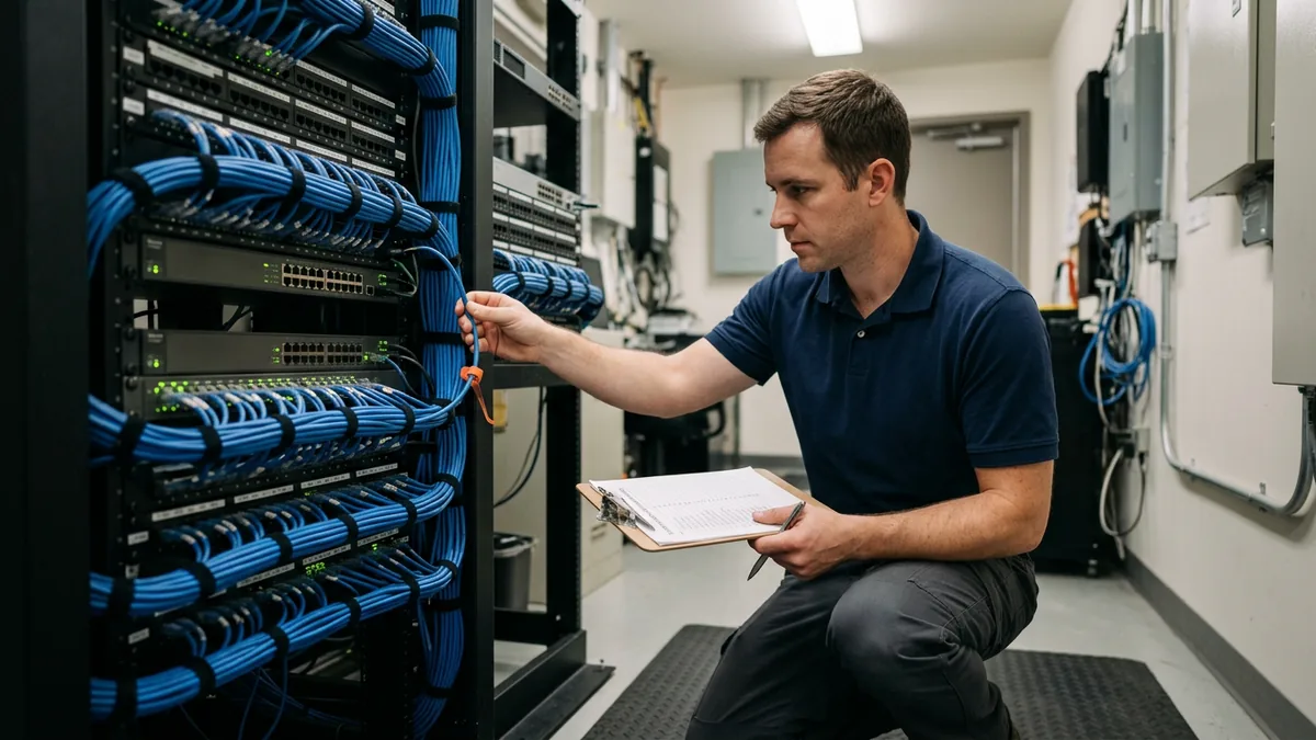 IT technician checking network cabling against a printed checklist in a dealership network closet
