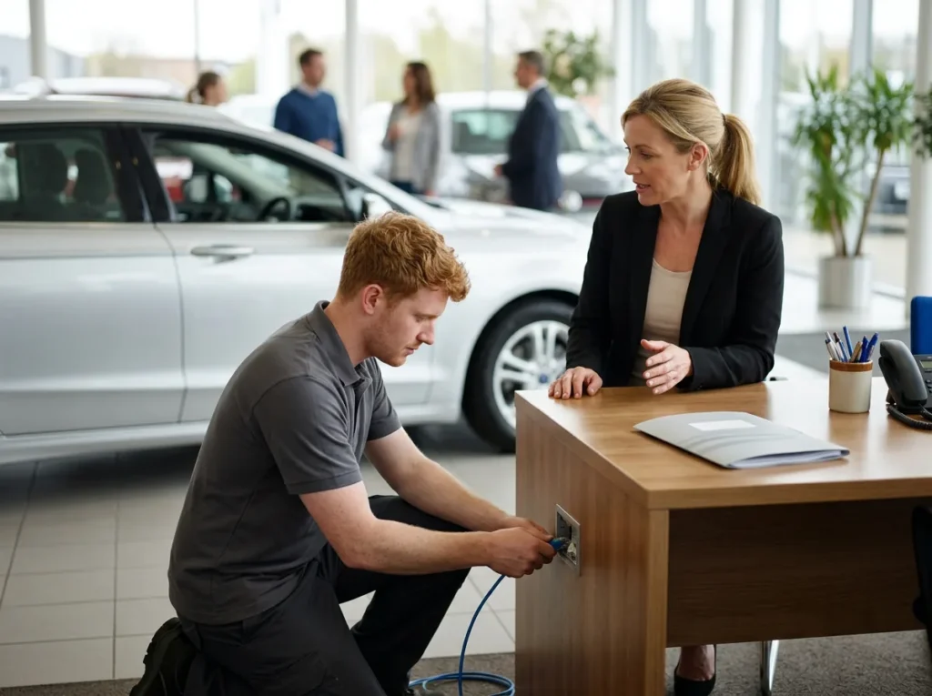 Field technician kneeling to plug a network cable into a sales desk outlet in a dealership showroom while a salesperson talks with him