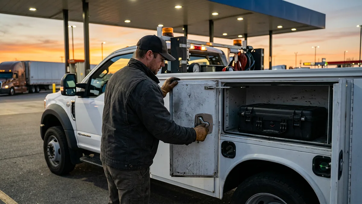 Mobile technician locking a side compartment of a service truck with a rugged equipment case inside at a truck stop at dusk