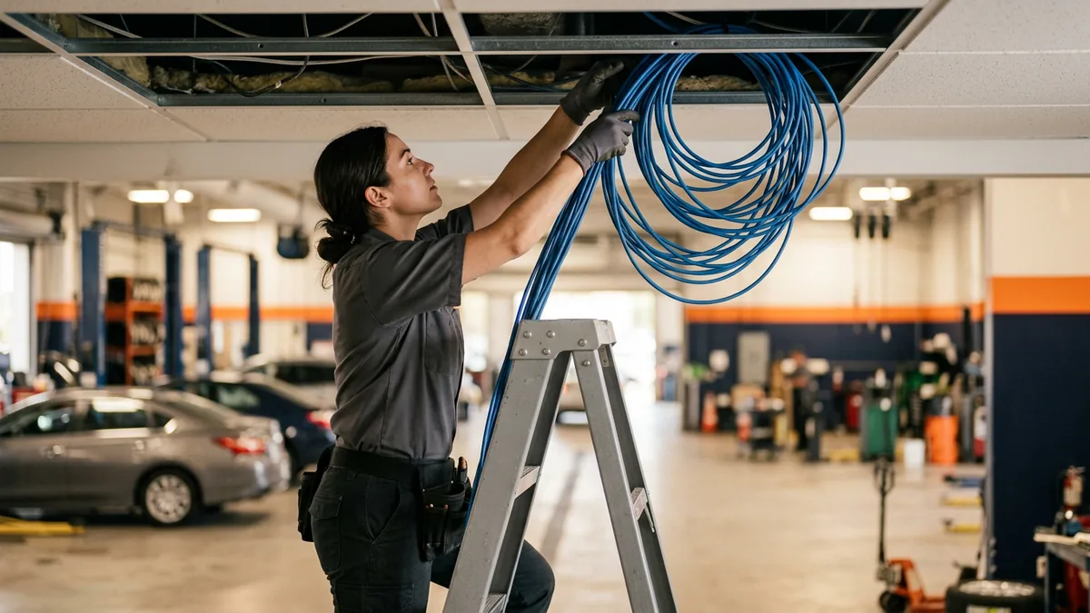 Cabling technician running blue network cable through the ceiling of a dealership service department before a Tekion go-live