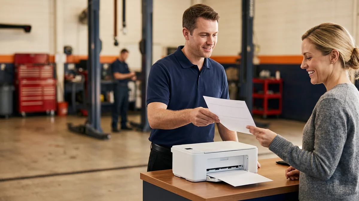 Service advisor handing a customer a freshly printed repair order at the dealership service counter during go-live week