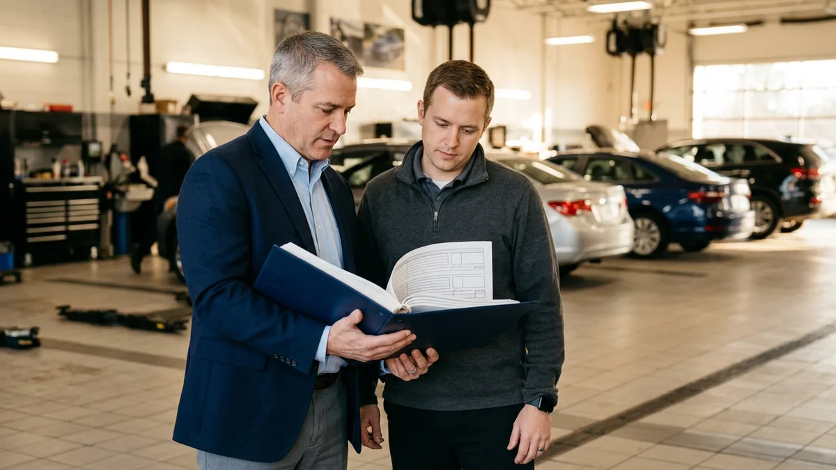 Dealership general manager and IT manager reviewing a printed Tekion implementation project binder in the service drive