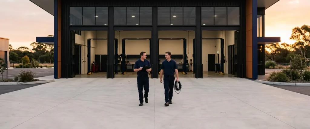 Two dealership staff walking out of an open service building at sunrise with a clipboard and network cable, preparing for a Tekion implementation
