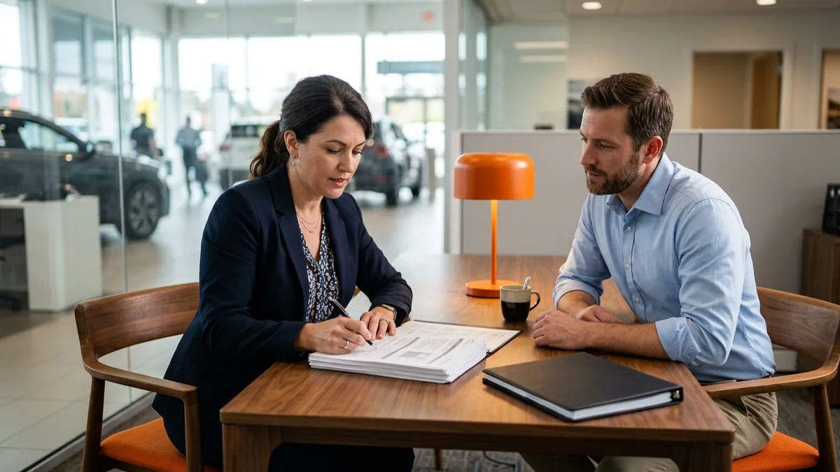 Dealership controller and IT security consultant reviewing printed user access lists at a conference table before Tekion data conversion
