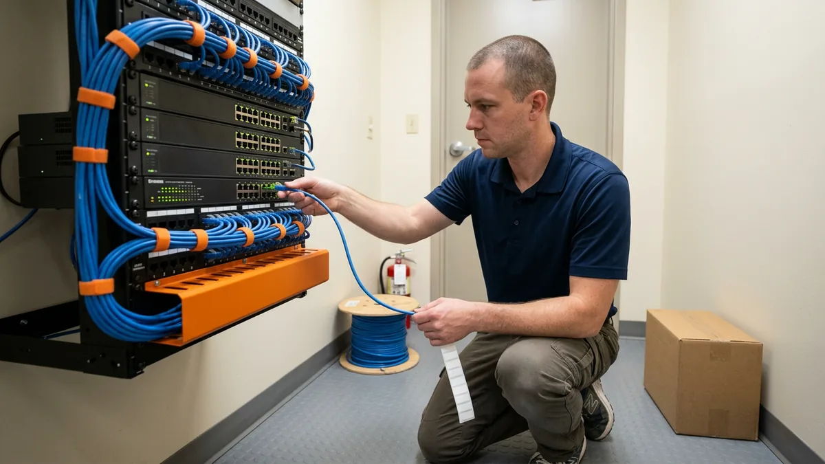 IT technician connecting and labeling ethernet patch cables on a network switch rack in a car dealership network closet before a Tekion go-live