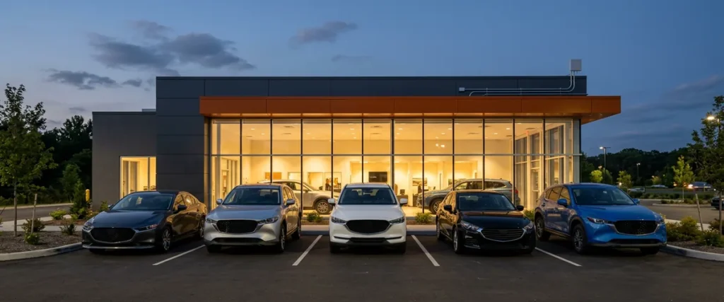 Modern car dealership showroom at dusk with new vehicles in front, illustrating a dealership preparing its network for a Tekion DMS go-live