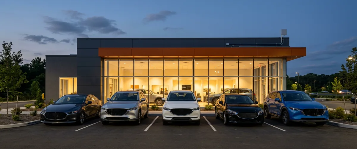 Modern car dealership showroom at dusk with new vehicles in front, illustrating a dealership preparing its network for a Tekion DMS go-live