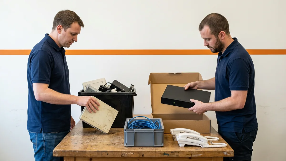 IT technicians swapping old DMS-supplied network equipment for a new firewall at a dealership workbench during a Tekion transition