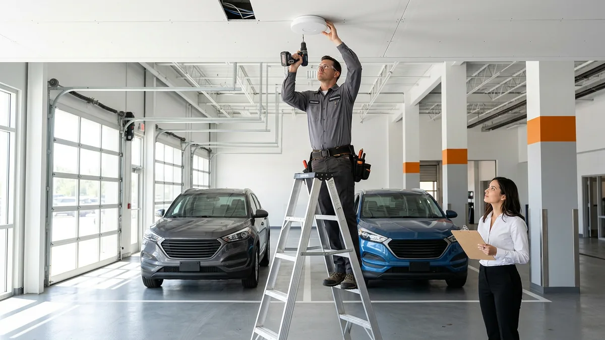 Installer on a stepladder mounting a ceiling wireless access point in a car dealership service drive while a service advisor watches