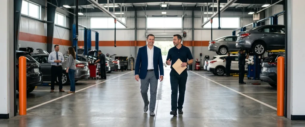 Dealership general manager and service manager walking through a busy service department after a Tekion go-live, discussing Tekion optimization
