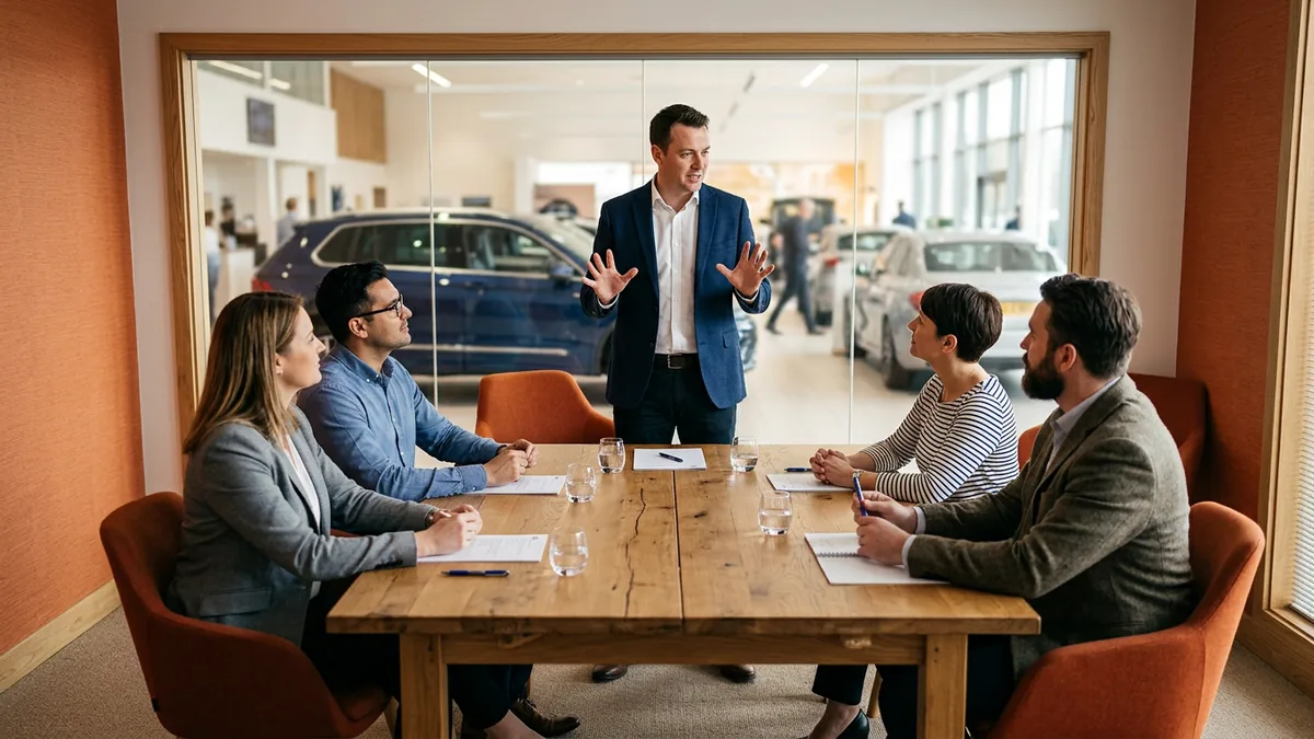 Trainer leading a small Tekion adoption session for dealership department managers around a conference table with printed handouts