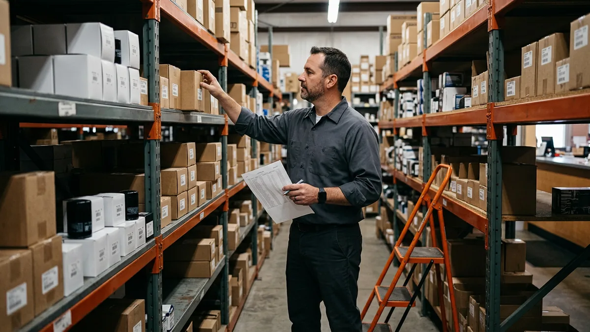 Parts manager checking a printed stocking report against shelves of boxed parts in a dealership parts department after a Tekion go-live
