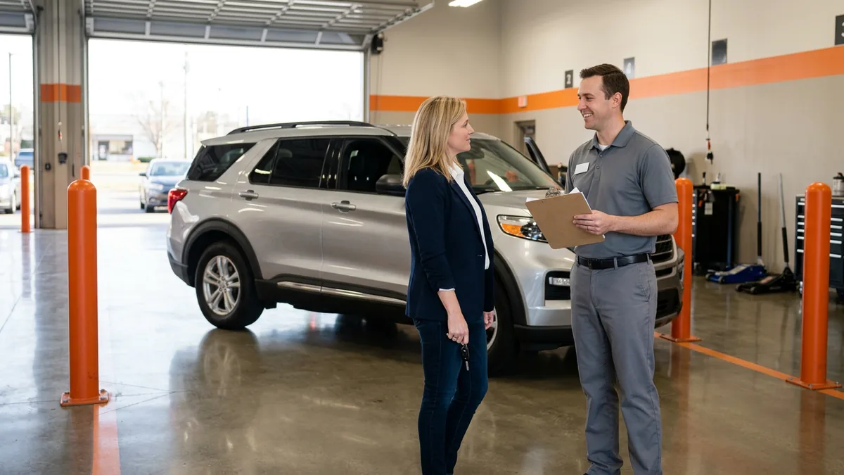 Service advisor with a clipboard greeting a customer beside an SUV in a dealership service drive, where Tekion optimization shows up first