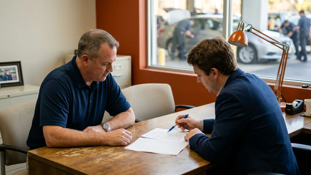 Dealership service manager and a Tekion optimization consultant reviewing a printed department scorecard in an office beside the service drive