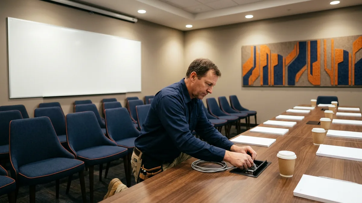 IT technician connecting a network floor box in a dealership conference room set up for Tekion training sessions