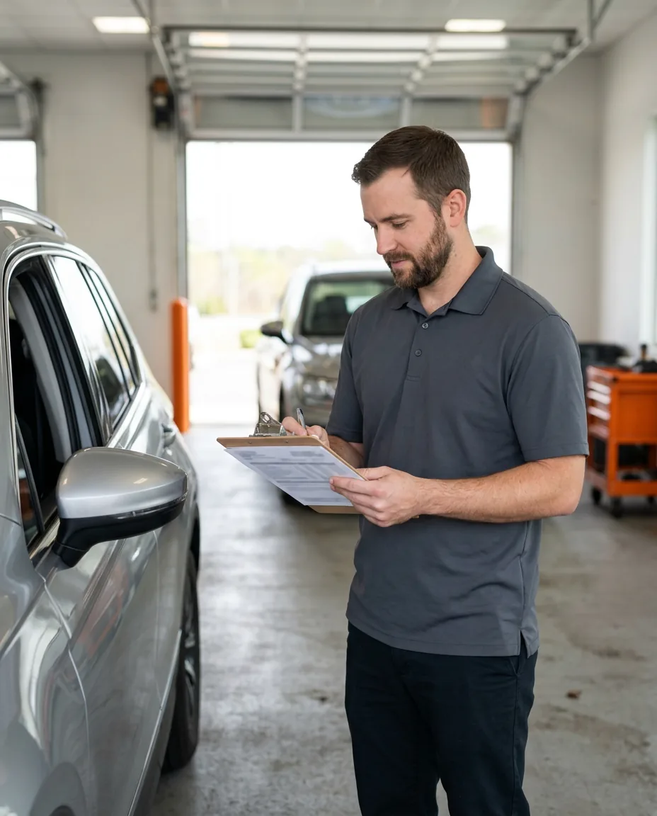 Car dealership service advisor reading a printed repair order on a clipboard beside a silver SUV in a bright service drive