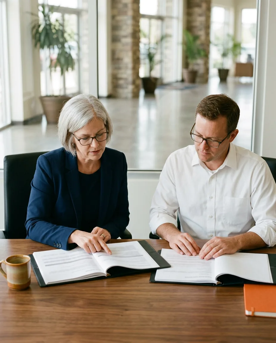 Dealer principal and chief financial officer reading two printed DMS proposals side by side at a conference table beside the showroom