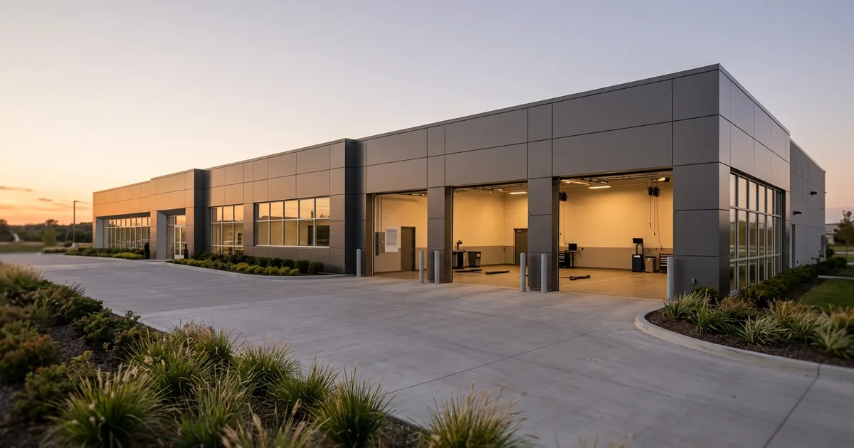 Modern car dealership service building at sunset with three open, lit service bays and landscaped grasses along the drive