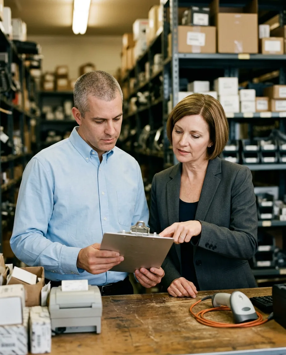 Dealer group IT director and general manager checking a printed equipment list on a clipboard at a car dealership parts counter