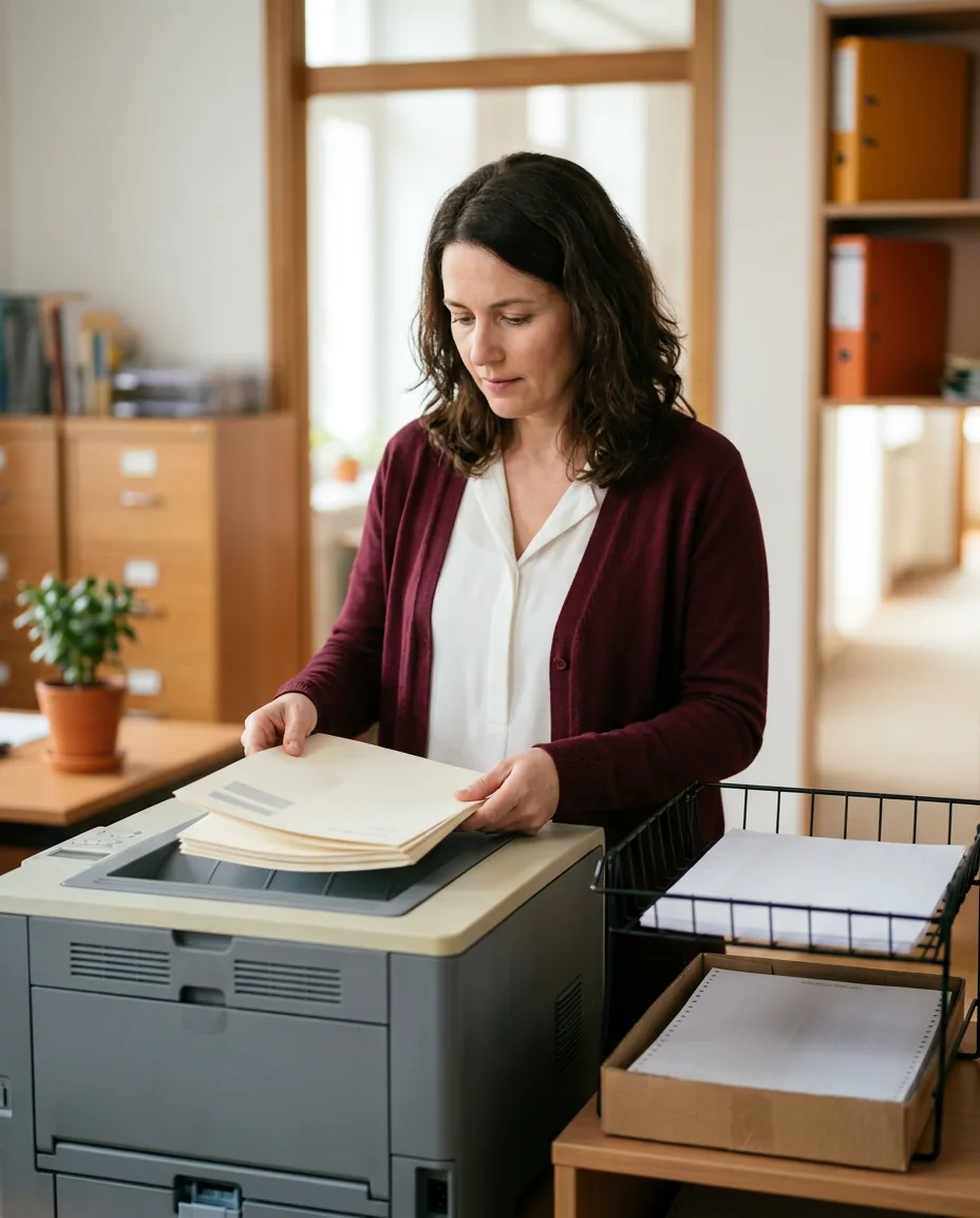 Car dealership office manager lifting a stack of printed deal documents from a laser printer in the business office