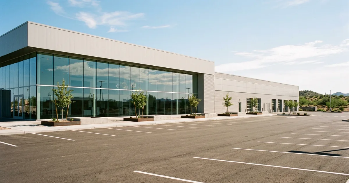 Modern car dealership building with a tall glass showroom and a light grey service wing across an empty parking lot under a blue sky