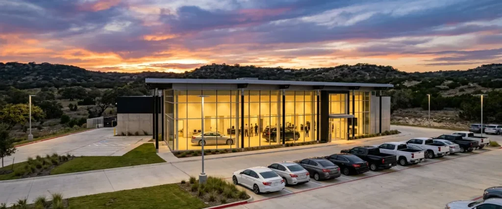 Texas car dealership showroom at dusk with new vehicles on the lot under a wide evening sky