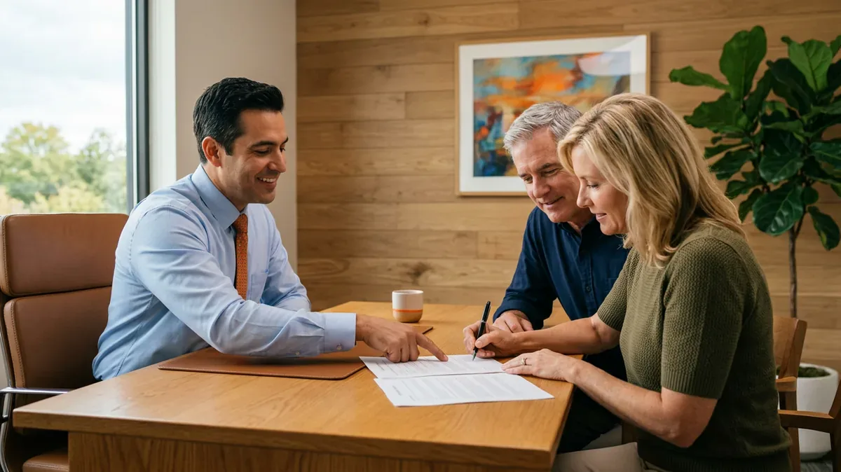 Couple signing a printed retail installment contract with a finance manager in a Texas car dealership F&I office