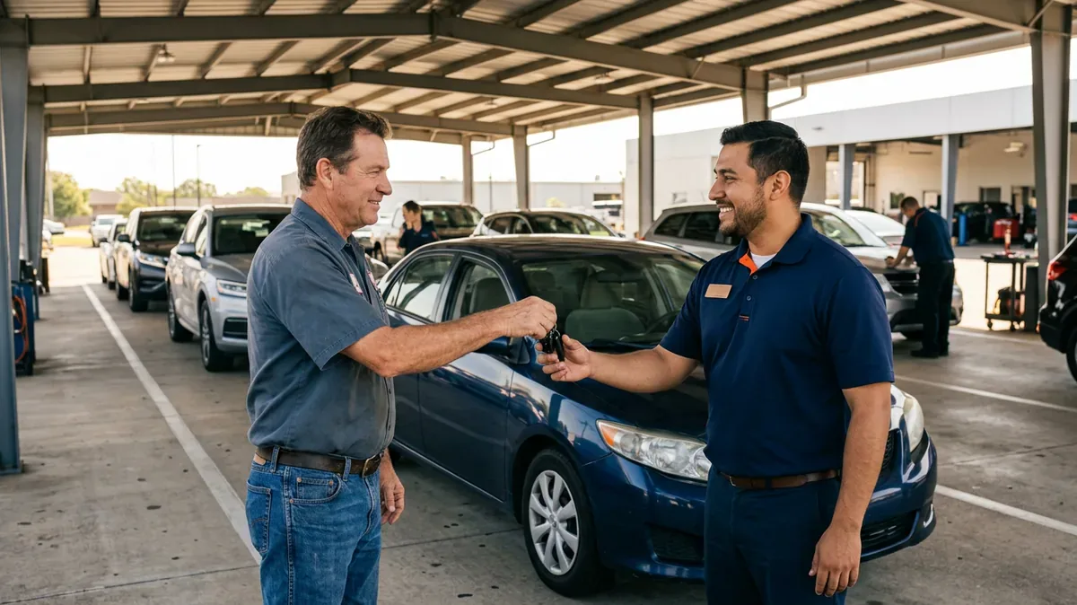 Customer handing his keys to a service advisor on a Texas car dealership service drive
