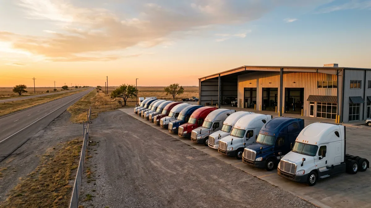 Heavy truck dealership lot in Texas at golden hour with semi tractors lined up in front of the service building