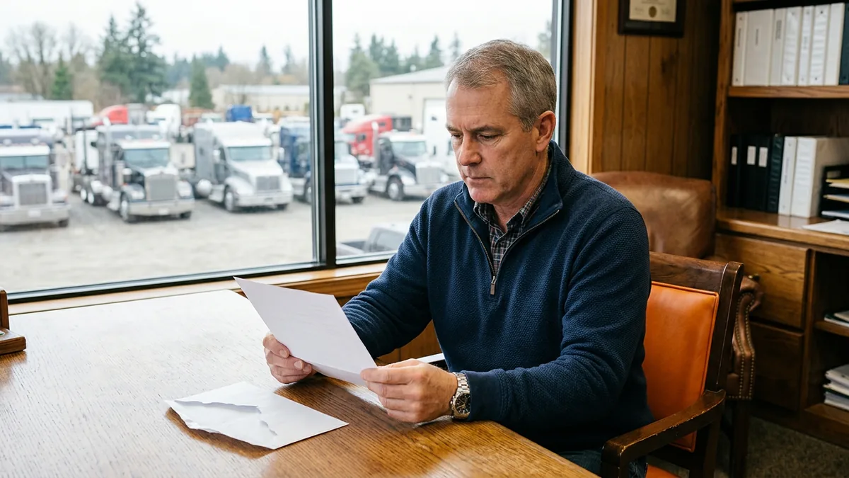 Truck dealer principal reading a vendor data breach notification letter at his desk, with semi tractors on the lot outside the office window