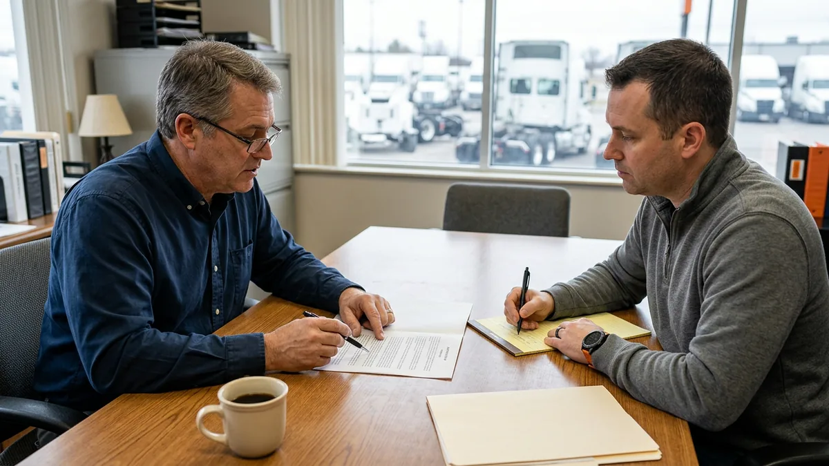 Truck dealer principal and an IT advisor reviewing a printed Procede Excede hosting agreement at a conference table, with semi tractors on the lot outside