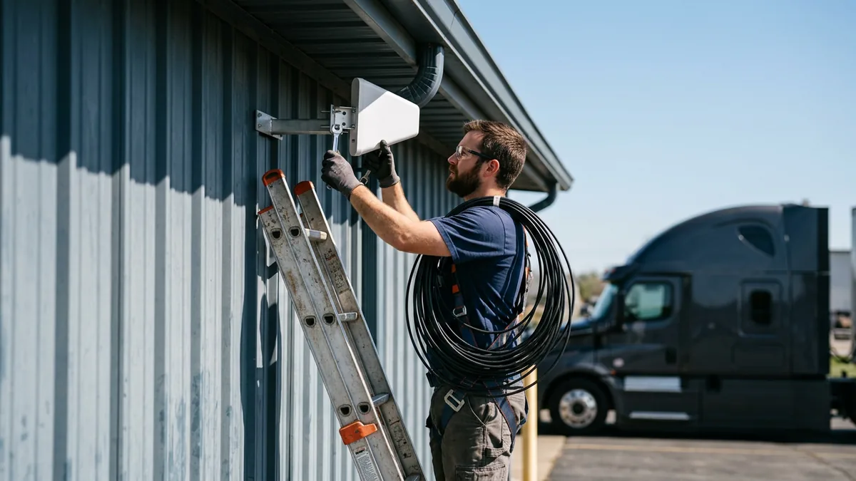 IT technician on a ladder mounting a cellular backup internet antenna on the steel wall of a truck dealership branch