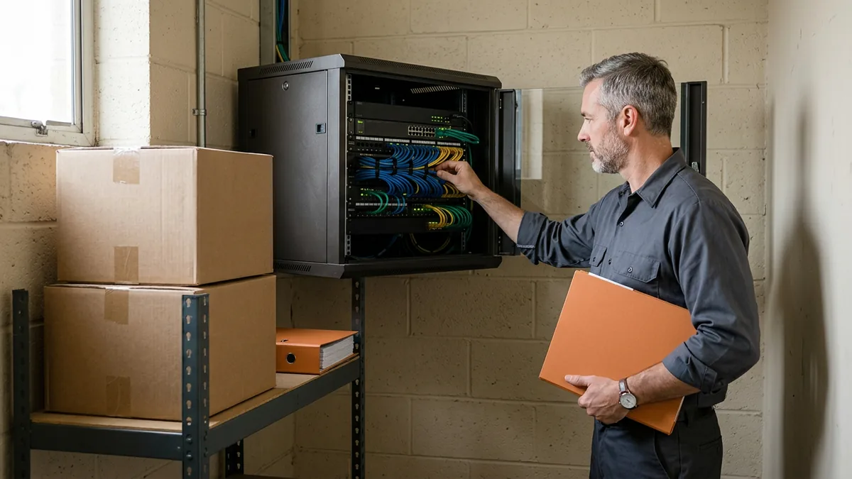 Truck dealership branch network closet with tidy cabling, a closed documentation binder and boxed spare equipment on the shelf