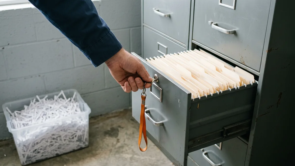 Hand locking a file cabinet of deal folders beside a bin of shredded paper in a truck dealership records room, showing safeguarding and disposal of credit files