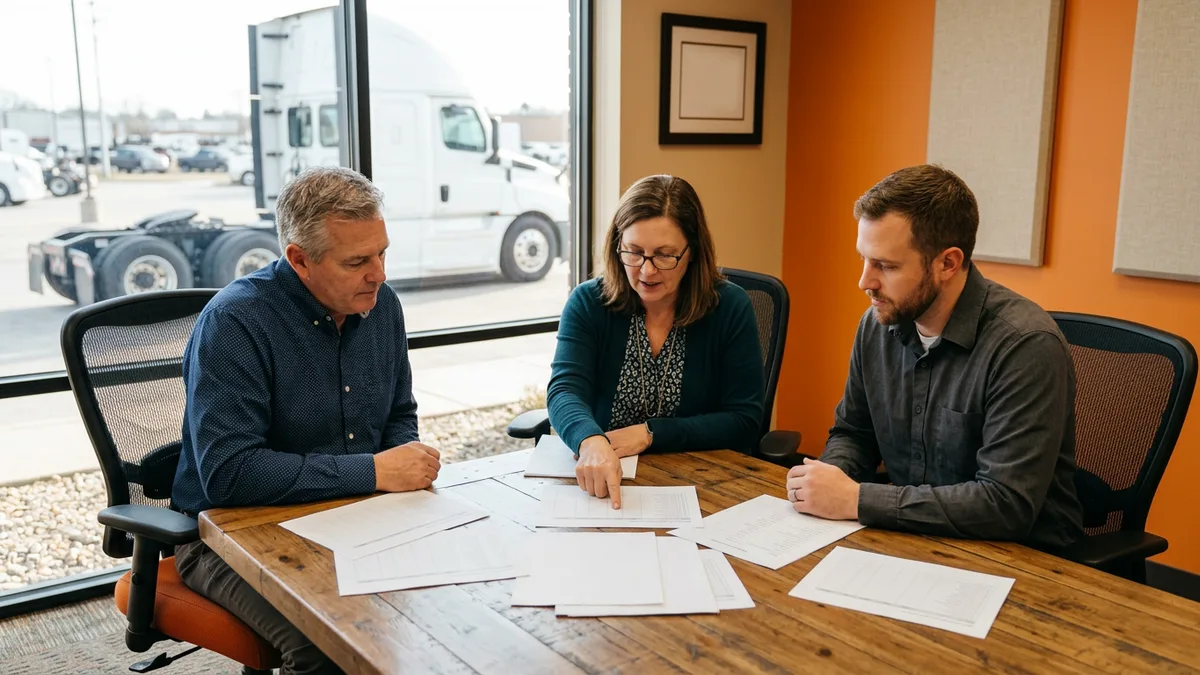 Dealer principal, controller and operations manager reviewing printed planning documents for a DMS migration in a truck dealership conference room
