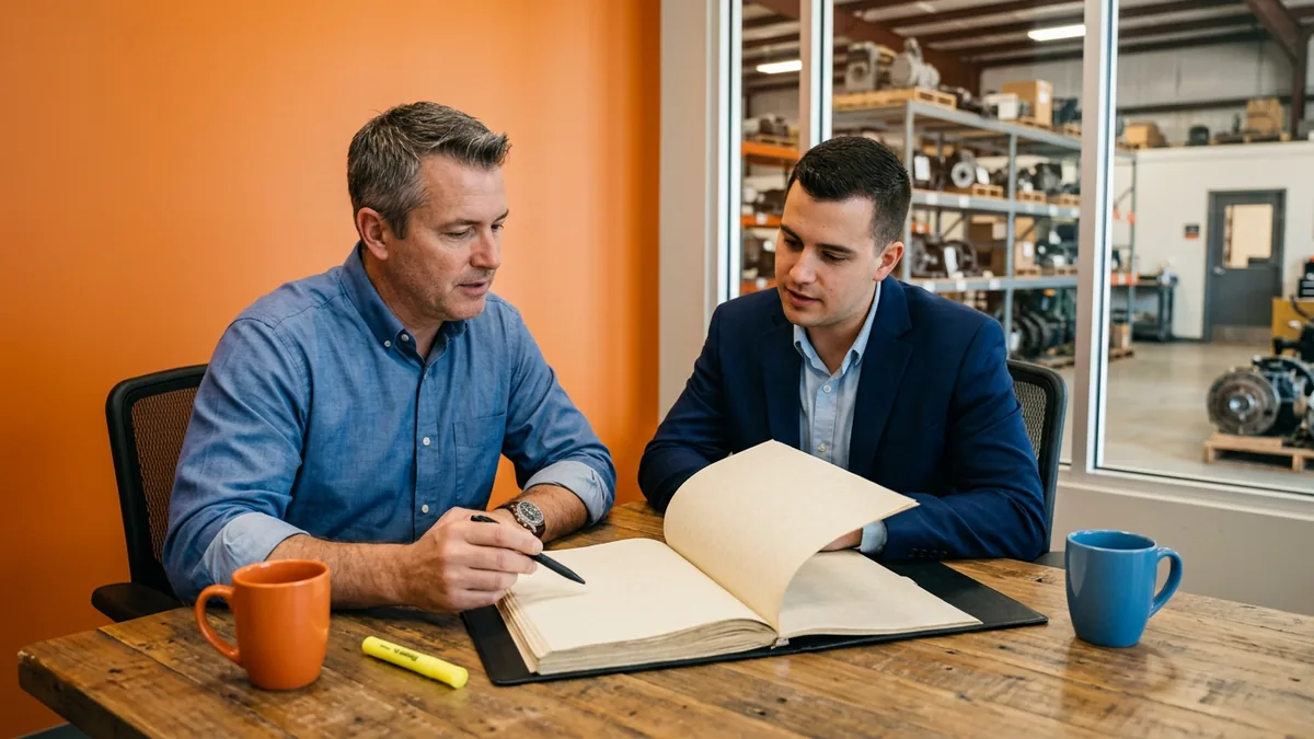 Truck dealership general manager and IT advisor reviewing a DMS vendor contract's security and breach notification terms at a conference table